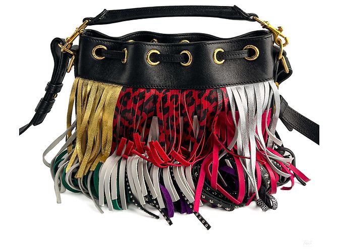 Saint Laurent Emmanuelle Bag Small Leather Fringe Bucket Crossbody Multicolour Black - view 4