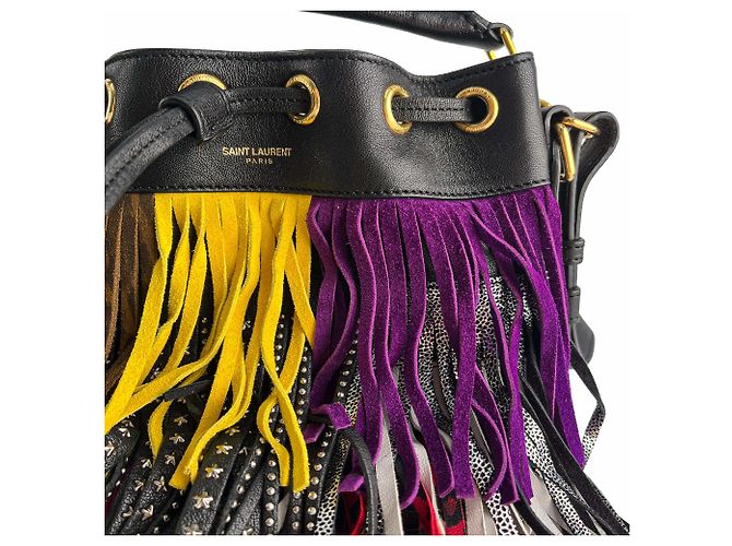 Saint Laurent Emmanuelle Bag Small Leather Fringe Bucket Crossbody Multicolour Black - view 9