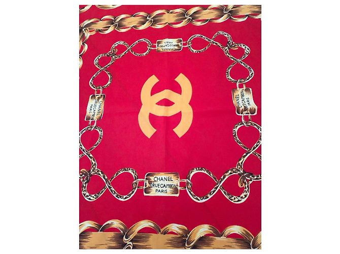 Foulard in seta Chanel Rosso con Stampa Catena e Monete D'oro - vista 3