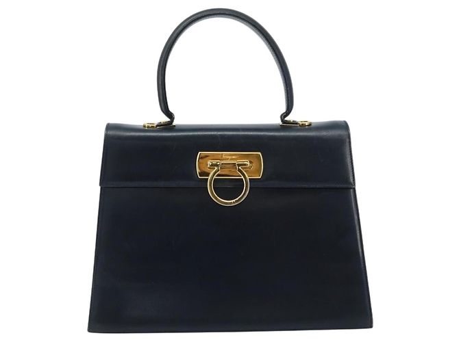 Borsa a mano in pelle Gancini Salvatore Ferragamo blu navy oro Auth bs33743 - vista 13
