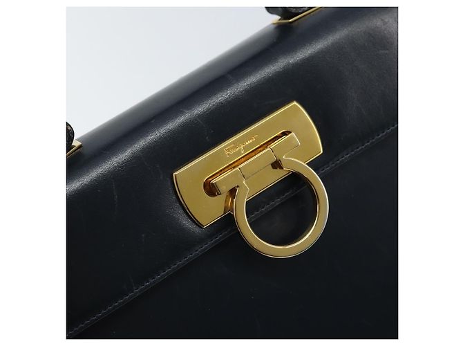 Borsa a mano in pelle Gancini Salvatore Ferragamo blu navy oro Auth bs33743 - vista 18