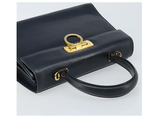 Borsa a mano in pelle Gancini Salvatore Ferragamo blu navy oro Auth bs33743 - vista 6