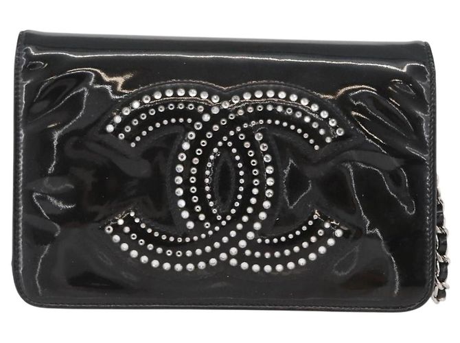 CHANEL COCO Borsa a Spalla Mark Chain in Pelle Verniciata Nera Argento CC Auth 172433SAV Nero - vista 13