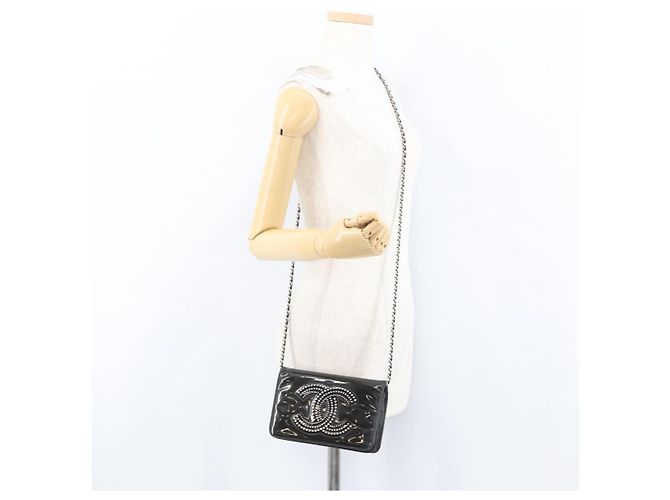 CHANEL COCO Borsa a Spalla Mark Chain in Pelle Verniciata Nera Argento CC Auth 172433SAV Nero - vista 28