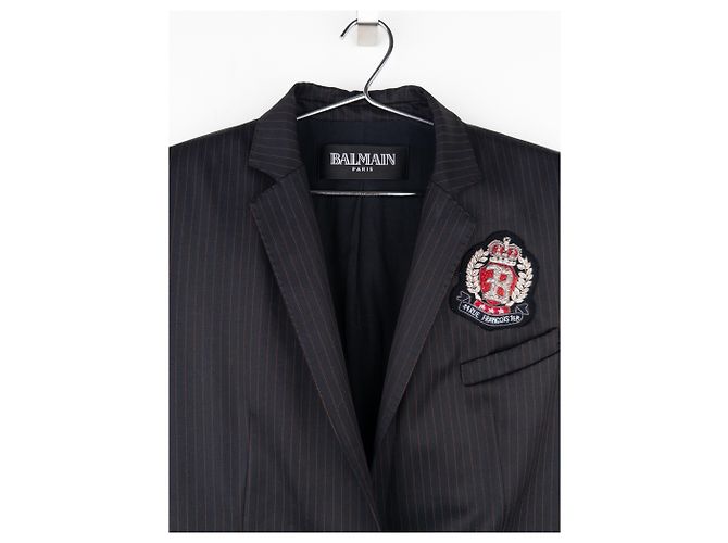 Blazer a rayas con pin de insignia bordado Safety Pin de Balmain por Decarnin SS11 - vista 3