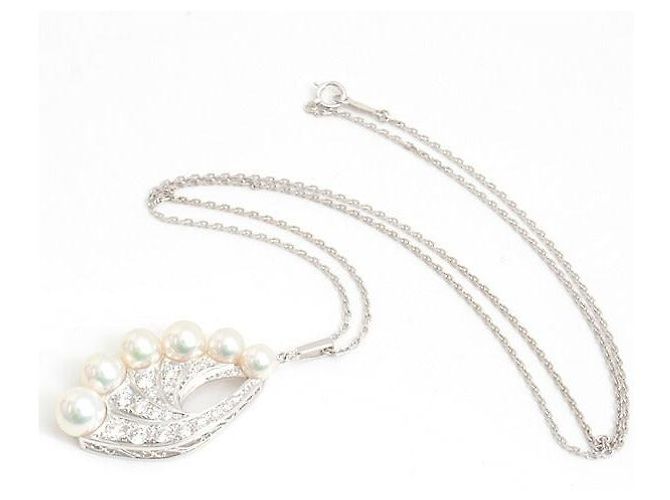 Collana in perle e diamanti con motivo piuma in oro bianco K14 Mikimoto Argento - vista 2