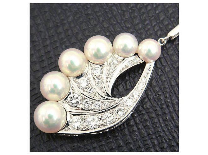 Collana in perle e diamanti con motivo piuma in oro bianco K14 Mikimoto Argento - vista 8
