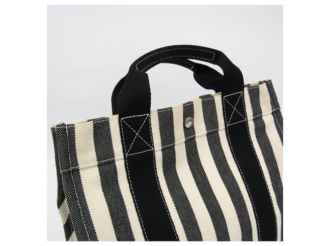 Hermès Cannes PM Canvas Tote Bag Schwarz Aus weiß - Ansicht 7