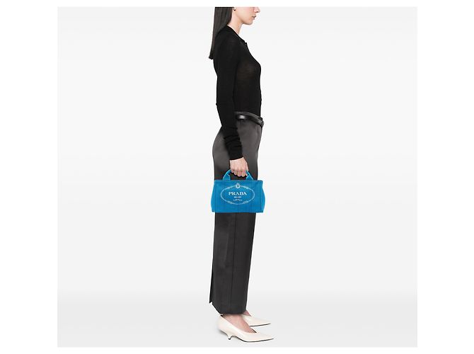 Sacola Prada Blue Small Canvas Canapa Logo Azul - vista 6