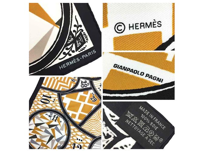 Foulard in seta Hermès Carré 90 in nero, cammello e bianco - vista 2