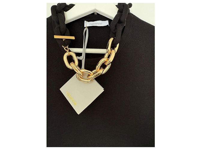 Paco Rabanne Vestido negro con collar de cadena dorada - vista 4
