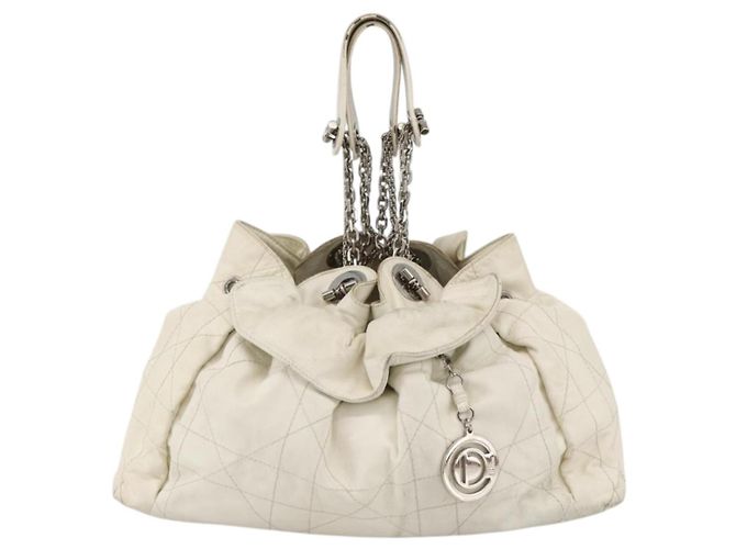 Borsa a spalla Canage Chain Christian Dior in pelle di agnello bianca e argento Auth 169703 Bianco - vista 13