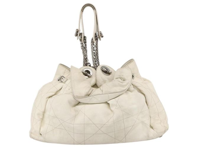 Borsa a spalla Canage Chain Christian Dior in pelle di agnello bianca e argento Auth 169703 Bianco - vista 2