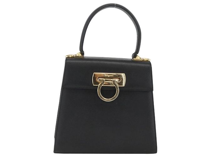 Borsa a mano in pelle nera e oro Gancini di Salvatore Ferragamo Auth ka2959 Nero D'oro - vista 13