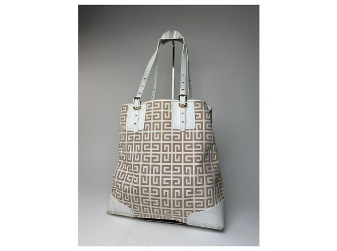 Vintage Givenchy Monogramm Leder-Canvas-Tasche Weiß Gold - Ansicht 2