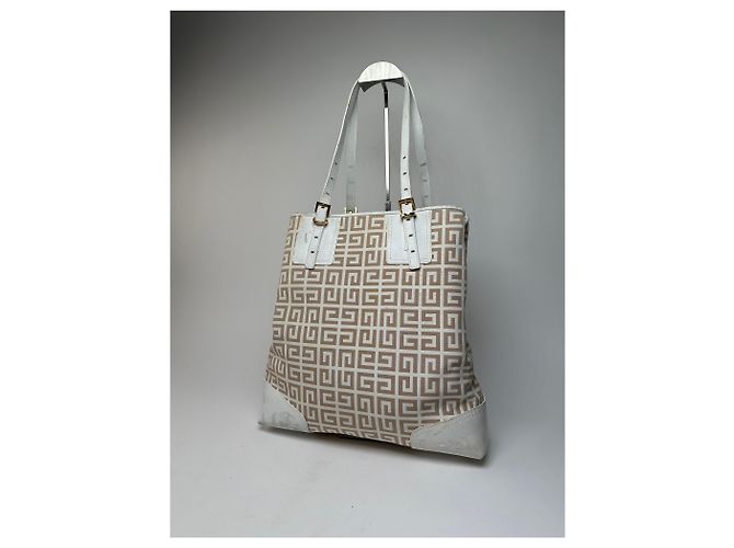 Vintage Givenchy Monogramm Leder-Canvas-Tasche Weiß Gold - Ansicht 4