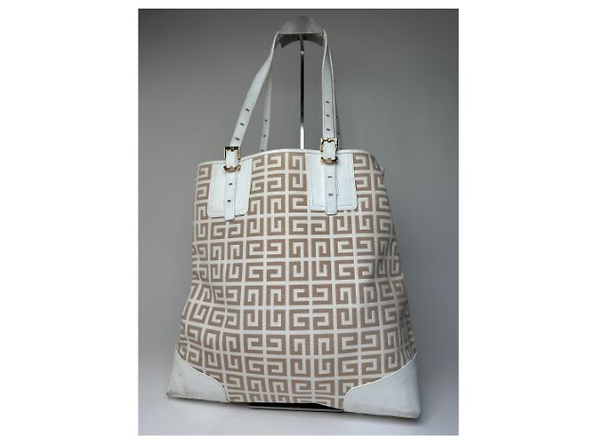 Vintage Givenchy Monogramm Leder-Canvas-Tasche Weiß Gold - Ansicht 6