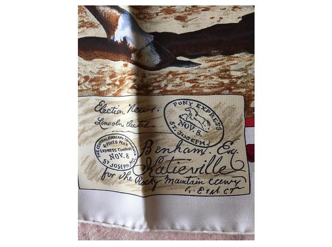 Foulard Hermès intitolato "The Pony Express" di Oliver Kermit - raro e ricercato Bianco Multicolore - vista 10