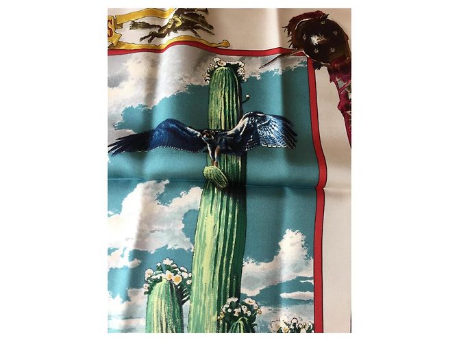 Foulard Hermès intitolato "The Pony Express" di Oliver Kermit - raro e ricercato Bianco Multicolore - vista 14