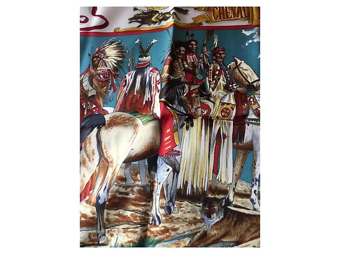 Foulard Hermès intitolato "The Pony Express" di Oliver Kermit - raro e ricercato Bianco Multicolore - vista 15