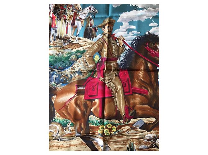 Foulard Hermès intitolato "The Pony Express" di Oliver Kermit - raro e ricercato Bianco Multicolore - vista 16