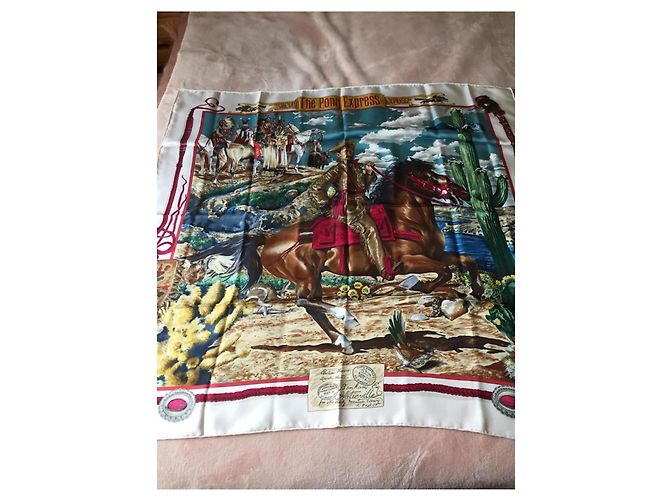 Foulard Hermès intitolato "The Pony Express" di Oliver Kermit - raro e ricercato Bianco Multicolore - vista 6