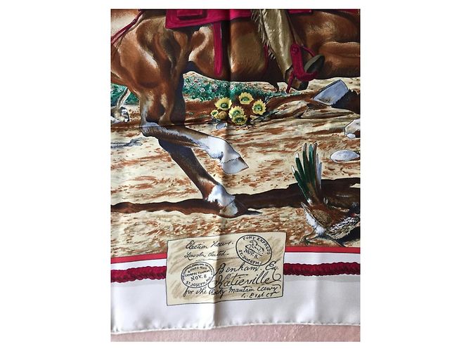 Foulard Hermès intitolato "The Pony Express" di Oliver Kermit - raro e ricercato Bianco Multicolore - vista 7