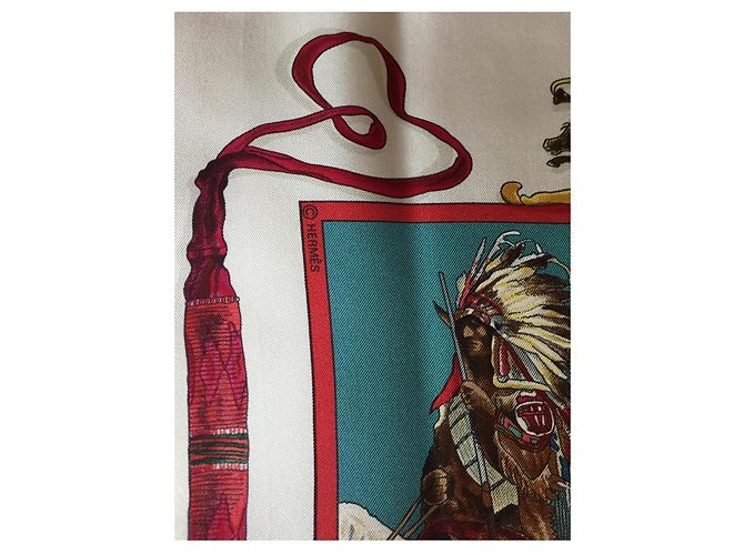 Foulard Hermès intitolato "The Pony Express" di Oliver Kermit - raro e ricercato Bianco Multicolore - vista 8