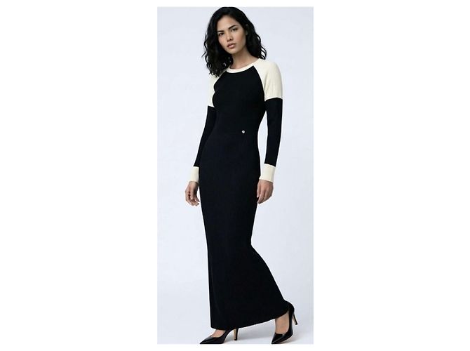 CHANEL 2019 MAXI SCHWARZ CREME WOLLE KLEID GRÖSSE FR 44 Weiß Roh - Ansicht 3
