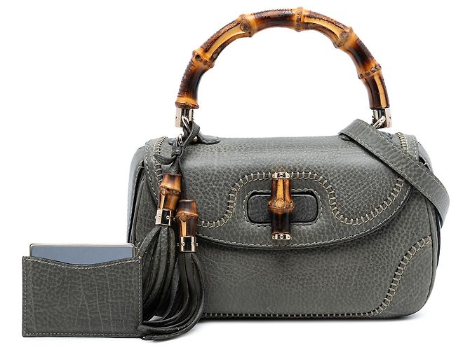 Gucci Graue Mittelgroße Kalbsleder New Bamboo Handtasche Braun - Ansicht 8