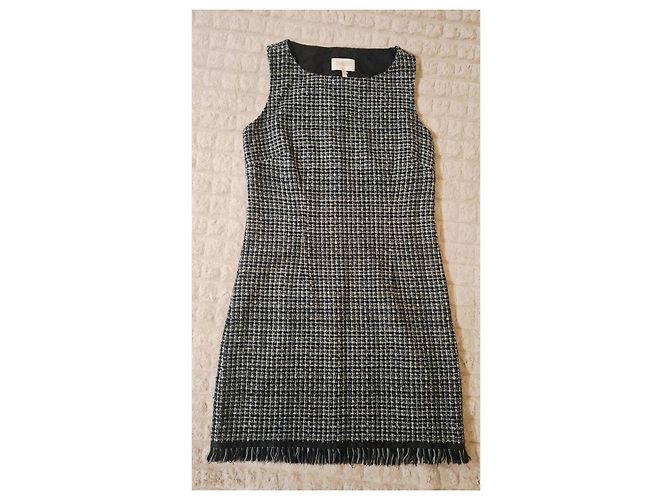 Autre Marque Kariertes Tweedkleid mit Fransen Schwarz Weiß Grau - Ansicht 2
