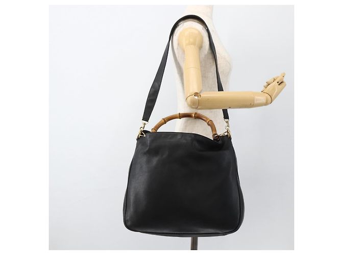 Borsa a spalla Gucci Bamboo in pelle 2 in 1 Nero Oro 001 200182 1577 Auth BA11211 D'oro - vista 24