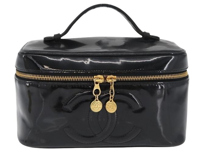 CHANEL COCO Marca Borsa Vanity in Pelle Lucida 2in1 Nera Oro CC Auth ARZ446 Nero D'oro - vista 2