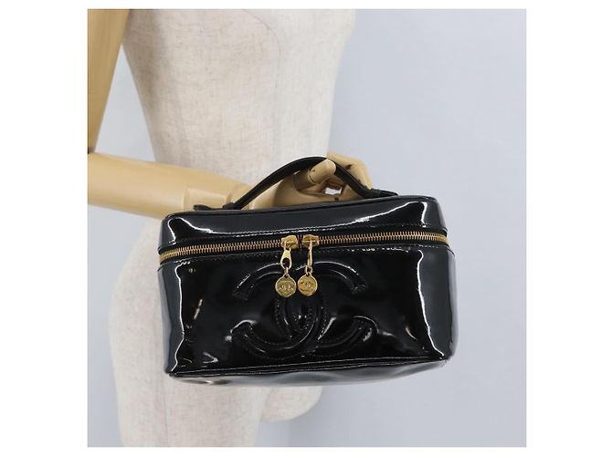 CHANEL COCO Marca Borsa Vanity in Pelle Lucida 2in1 Nera Oro CC Auth ARZ446 Nero D'oro - vista 23