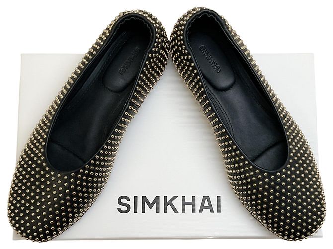 Jonathan Simkhai Simkhai Black Leather Eden Flats with Gold Studs - view 6