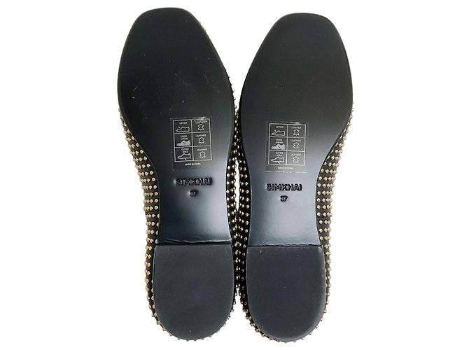 Jonathan Simkhai Simkhai Black Leather Eden Flats with Gold Studs - view 8