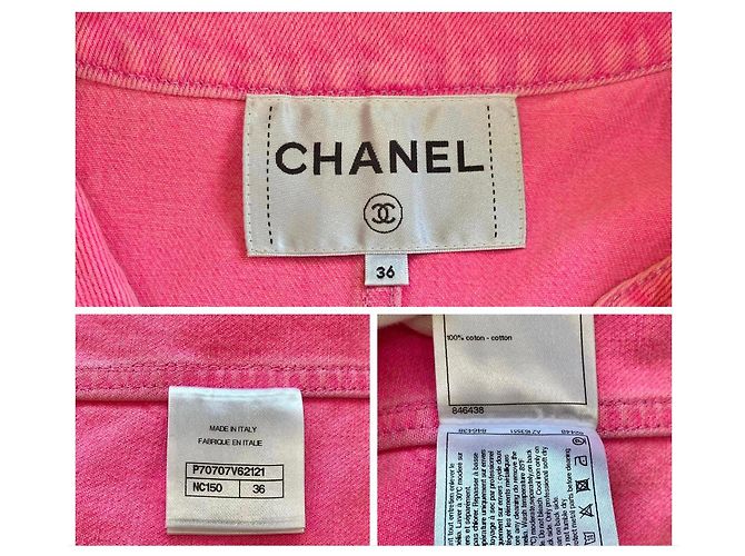 Chaqueta de camelia de denim neón rosa Chanel 21S icónica FR 36 Hardware de plata - vista 9
