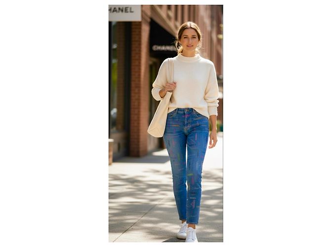 CHANEL 22P Jeans in denim blu e multicolore con stampa logo FR 40 - vista 4