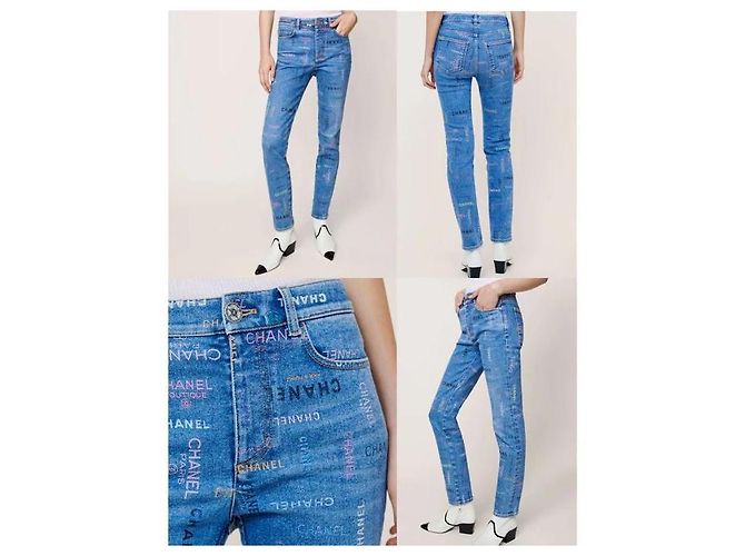CHANEL 22P Jeans in denim blu e multicolore con stampa logo FR 40 - vista 8