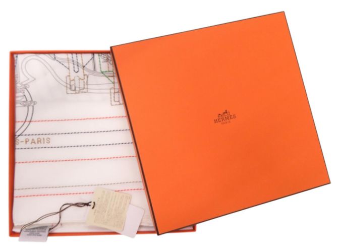 Foulard in seta Hermès Carré 90 Ex-Libris Brodet Sangle Bianco Rosso Blu - vista 2