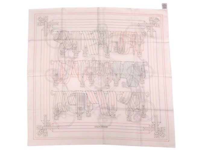 Foulard in seta Hermès Carré 90 Ex-Libris Brodet Sangle Bianco Rosso Blu - vista 3