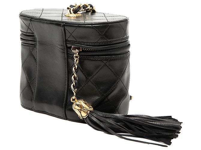 Vanity Chanel Schwarze gesteppte Lammleder Kosmetiktasche mit Kette und Quaste - vista 2