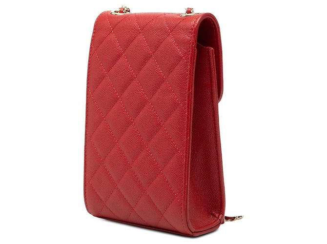 Supporto per telefono in caviar trapuntato rosso Chanel con finitura dorata - vista 2