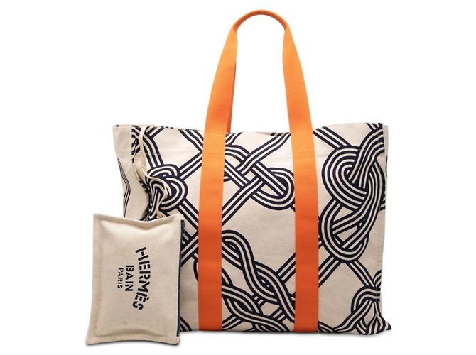 Borsa Tote Nou Marin di Hermès Beige Arancione Blu navy - vista 6