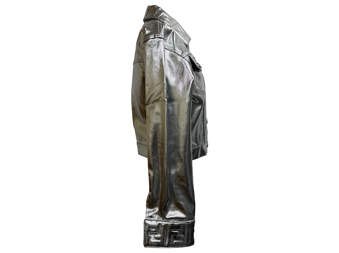 Fendi Cropped-Jeansjacke aus metallisch silberner Baumwolle - Ansicht 2