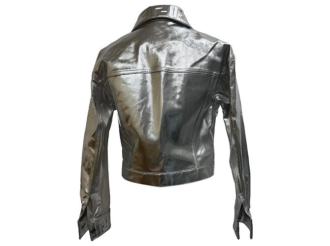 Fendi Cropped-Jeansjacke aus metallisch silberner Baumwolle - Ansicht 3