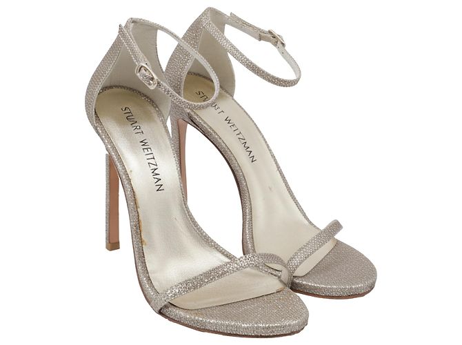 Stuart Weitzman Fabric Ankle Strap Open Toe Sandals in Silver Glitter Silvery Metallic - view 3