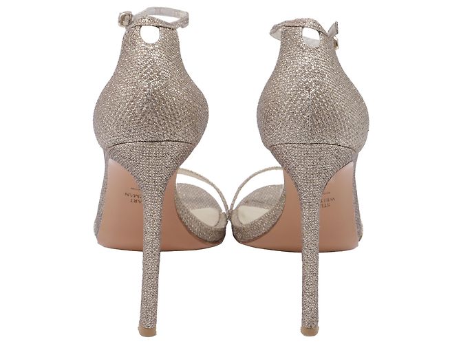 Stuart Weitzman Fabric Ankle Strap Open Toe Sandals in Silver Glitter Silvery Metallic - view 5