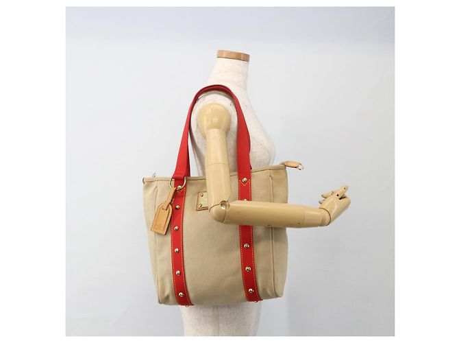 LOUIS VUITTON Antigua Cabas MM Borsa Tote Canvas Beige Rossa M40035 LV Auth ka3234 Rosso - vista 22