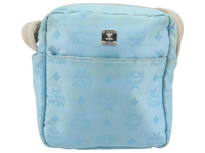 MCM Vicetos Logogram Schultertasche aus Nylon Hellblau Silber Authentisch 174459 - Ansicht 2